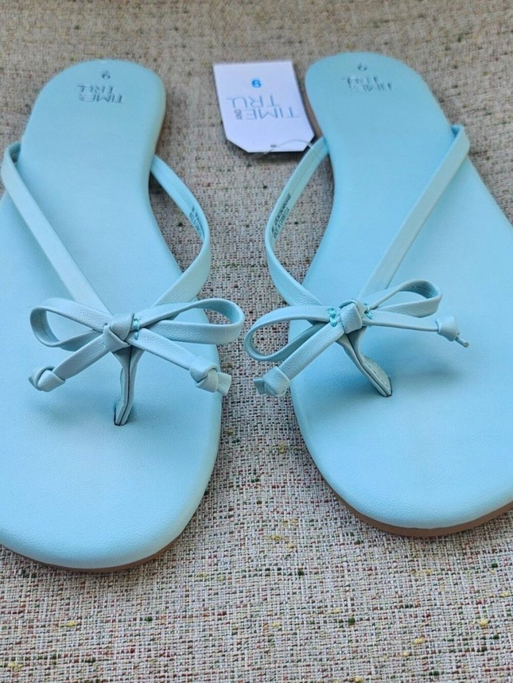Time and Tru Women Sandal Light Turquoise Vegan Faux Leather Bow Shoe Size 9M